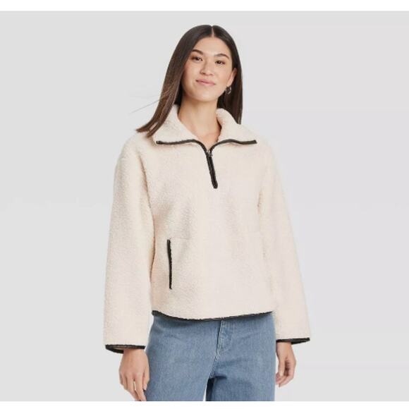Faux Shearling Quarter Zip Pullover Large NWT- Universal Thread Cream - Picture 1 of 9